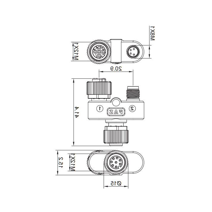 M12 8Pin female/M12 4Pin female D-coded+M8 4Pin male、Y-connector、 648D41